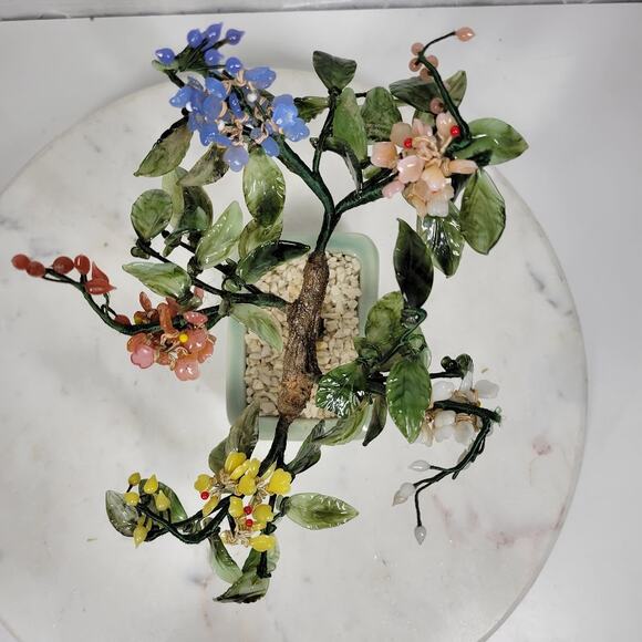 Vintage Bonsai Tree Jade Glass 8" Japanese Oriental Flower Blossom Ceramic Pot - Picture 5 of 15